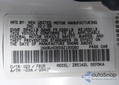 2009 Toyota Corolla Le from USA, damaged, VIN 1NXBU40E69Z130060